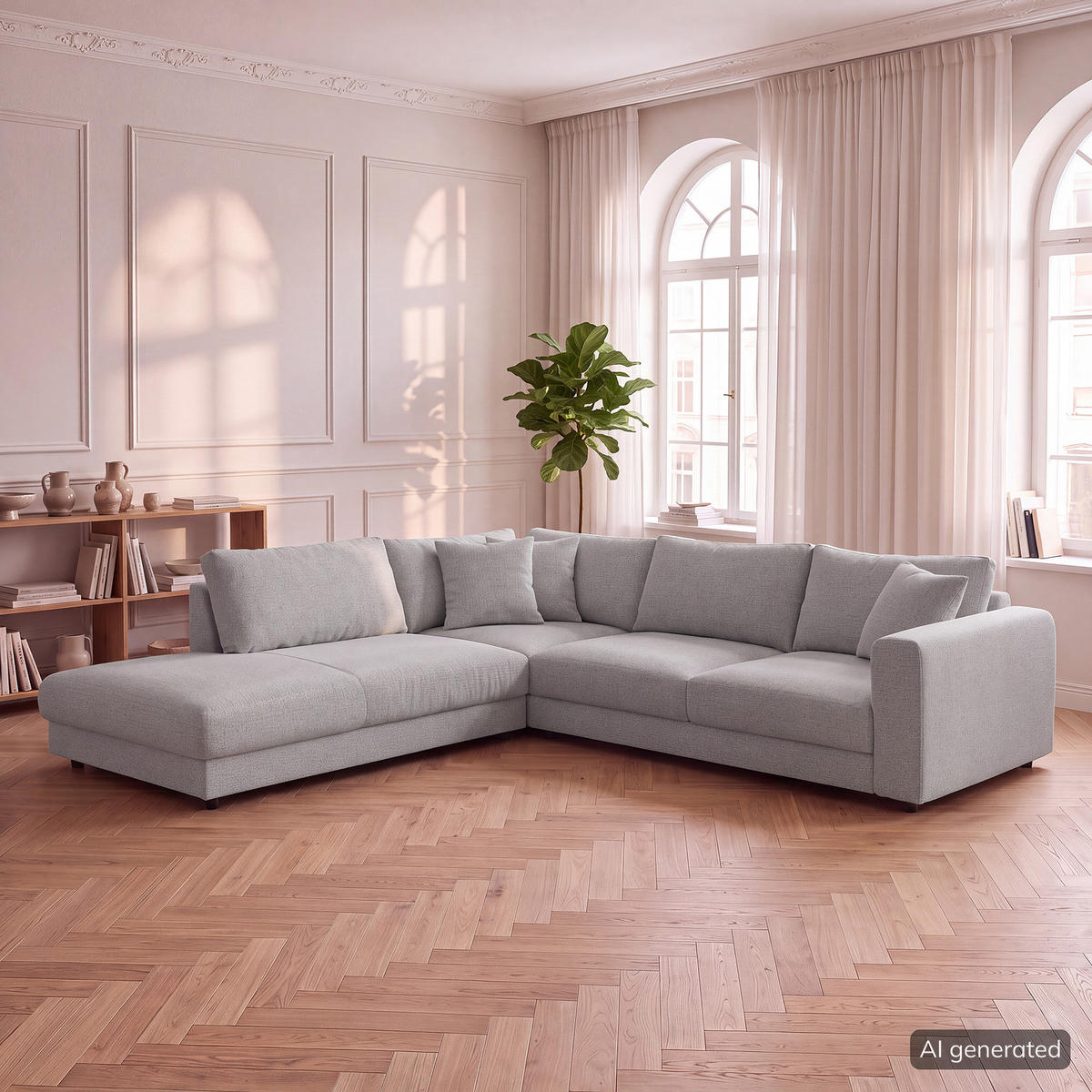 ECKSOFA mit Ottomane - Hellgrau/Schwarz, Holz/Kunststoff (267/254cm) - home24