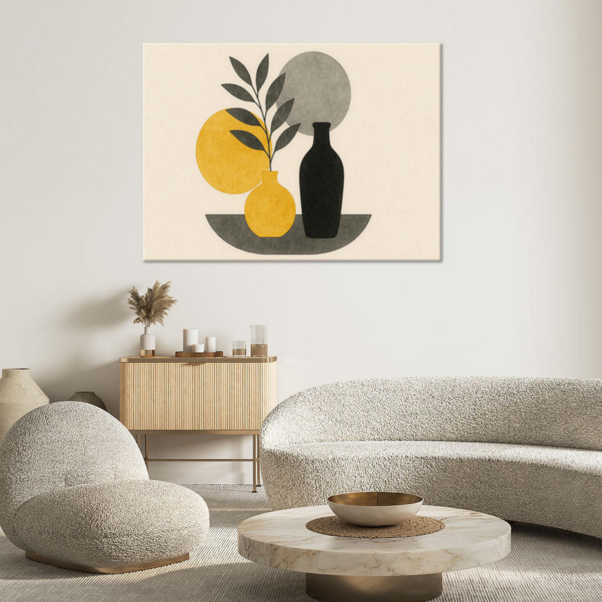 LEINWANDBILD Vasen Blätter Minimalismus Gelb 120x80cm - Beige, Textil (120/80cm) - Feeby