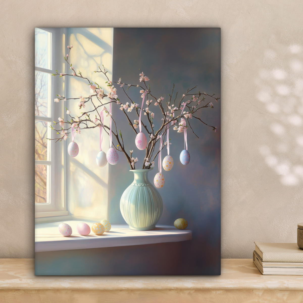 LEINWANDBILD Stillleben - Vase - Osterzweig Room Decor 30x40 cm - Hellblau, Textil (30/40cm) - MuchoWow