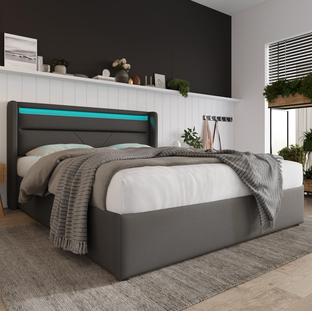 POLSTERBETT 140/200 cm Grau aus PU mit LED-Beleuchtung - Grau, Kunststoff (140/200cm) - OKMYHOME