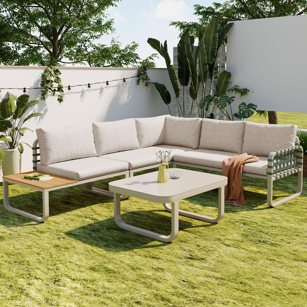 GARTEN Lounge Set 4 bis 5 Sitzer Grünes Leder Rattan Sofa mit Kissen Balkonset für Garten und Terrasse Aprikose - Creme, Metall - FLIEKS