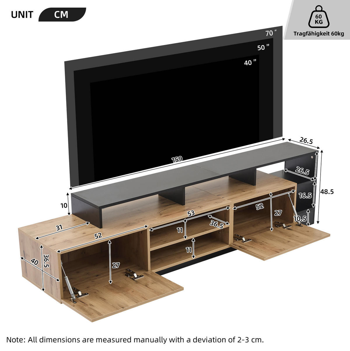 TV-LOWBOARD 190/40/48,5 cm mit LED-Beleuchtung, offenem und geschlossenem Stauraum aus Spanplatte, Schwarz/Eichefarben - Schwarz, Holzwerkstoff (190/48.5/40cm) - Redom