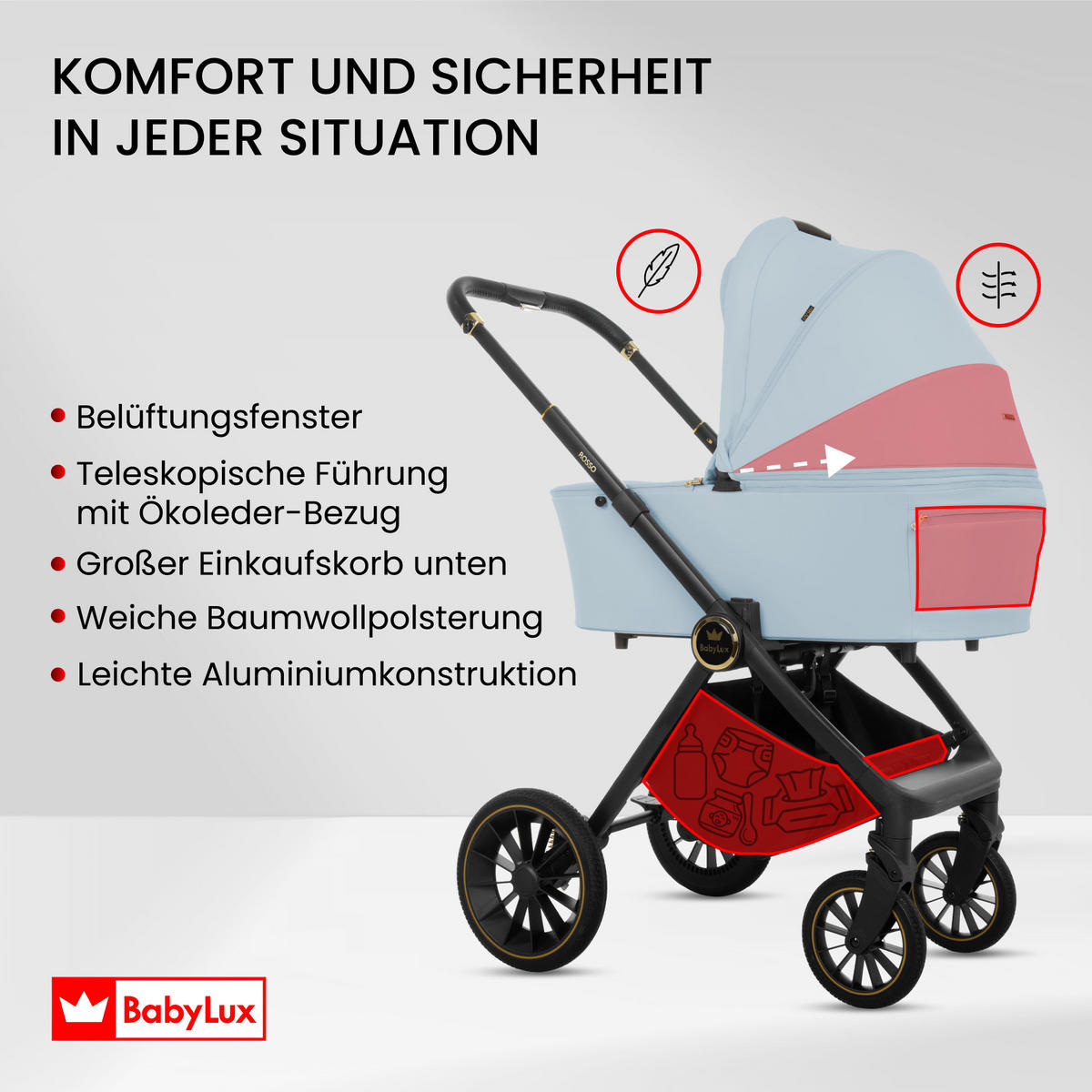 KINDERWAGEN Rosso 2in1 Blau Babywanne, Buggy Sportsitz, Faltbar, Wickeltasche - Blau/Schwarz, Textil/Metall (58/100cm) - BabyLux