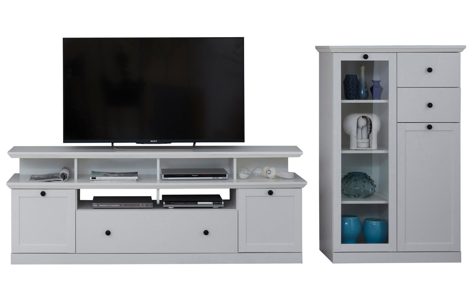 WOHNWAND weiß Set 3-teilig 273 cm, Wohnzimmer Schränke im landhaus-Stil - Silberfarben/Weiß, Glas/Holzwerkstoff (273/180/41cm) - Top.Furn