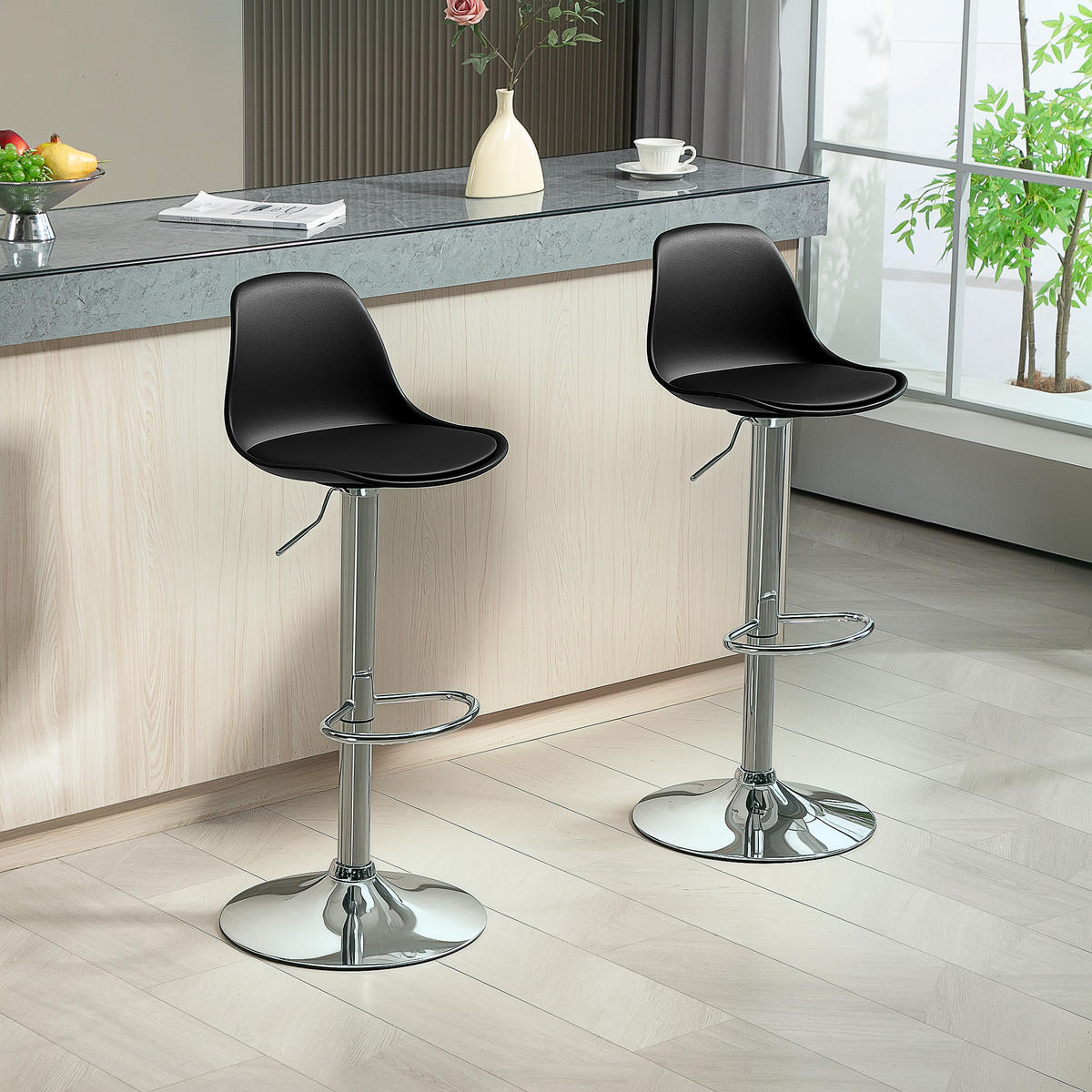 BARHOCKER 2er Set, Gepolstert Barstuhl mit Stahlgestell, Lehne für Küche Schwarz - Schwarz, Leder (41/104/42cm) - HOMCOM