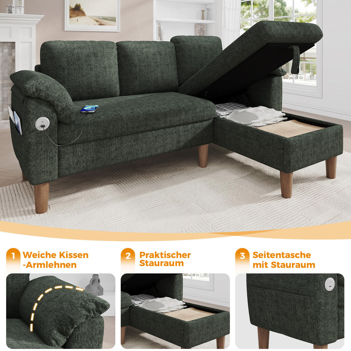 ECKSOFA 181/125/88 cm Grün mit Stauraum-Chaiselongue und USB/Type-C-Ladeanschluss - Grün, Textil (181/125cm) - Oxeza