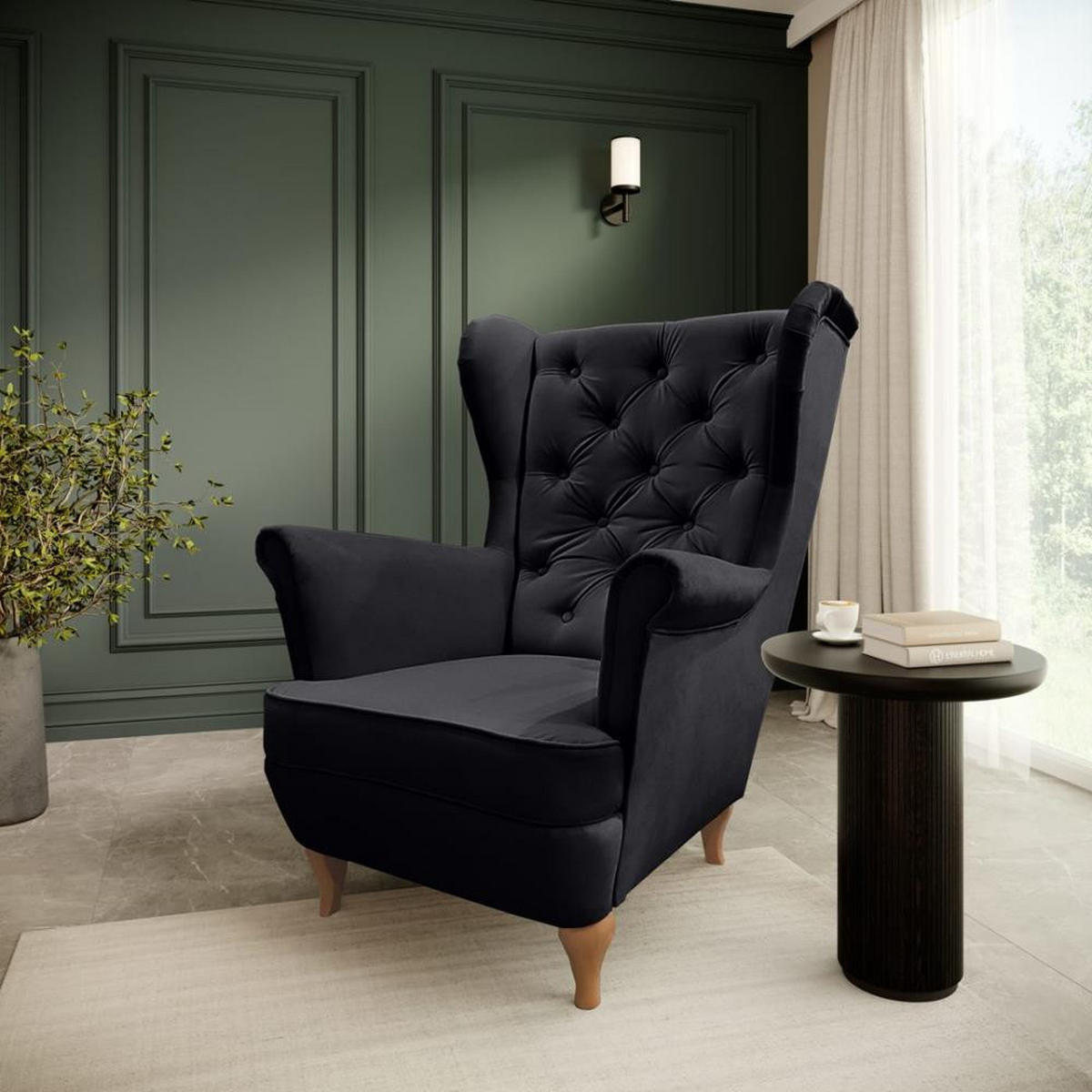 CHESTERFIELD-SESSEL Falco schwarz mit Holzbeinen - Buchefarben/Schwarz, Holz/Textil (82/102/92cm) - Beautysofa