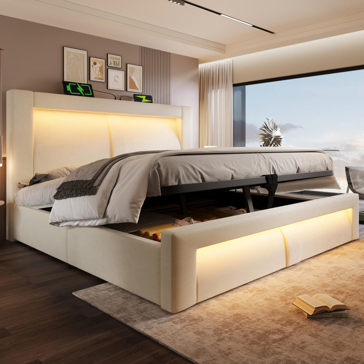 BETT mit Stauraum und LED 160x200 cm Samt Beige - Beige, Metall (160/200cm) - Meubliv