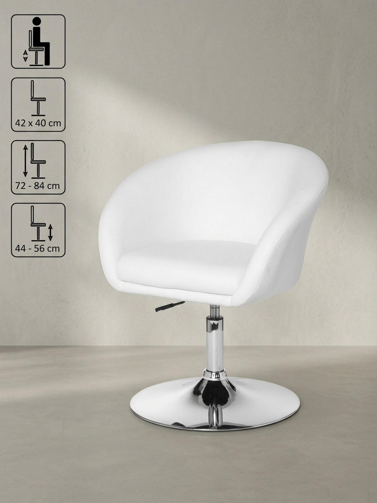LOUNGESESSEL verstellbare Sitzhöhe mit Trompetenfuß Retro LIFT , Weiß 62x55x84 cm - Silberfarben/Weiß, Kunststoff/Textil (62/84/55cm) - KADIMA DESIGN