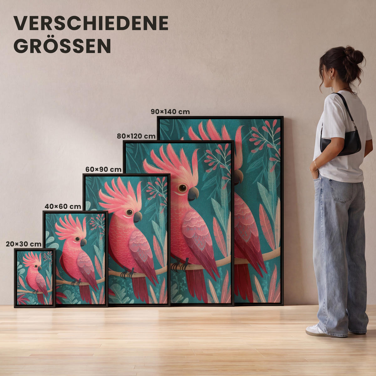 LEINWAND Bilder mit Rahmen - Kakadu - Tropische Blätter - Zweig - 20x30 - Petrol, Textil (20/30cm) - MuchoWow