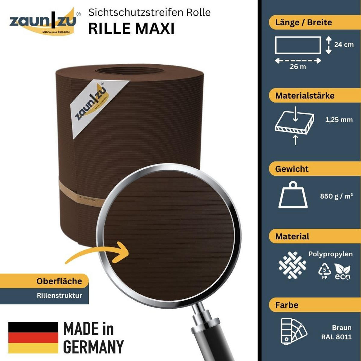SICHTSCHUTZSTREIFEN Rille Maxi Rolle für Doppelstabmatten 24cm hoch Braun 26m - Braun, Kunststoff (2600/24cm) - ZAUN|ZU
