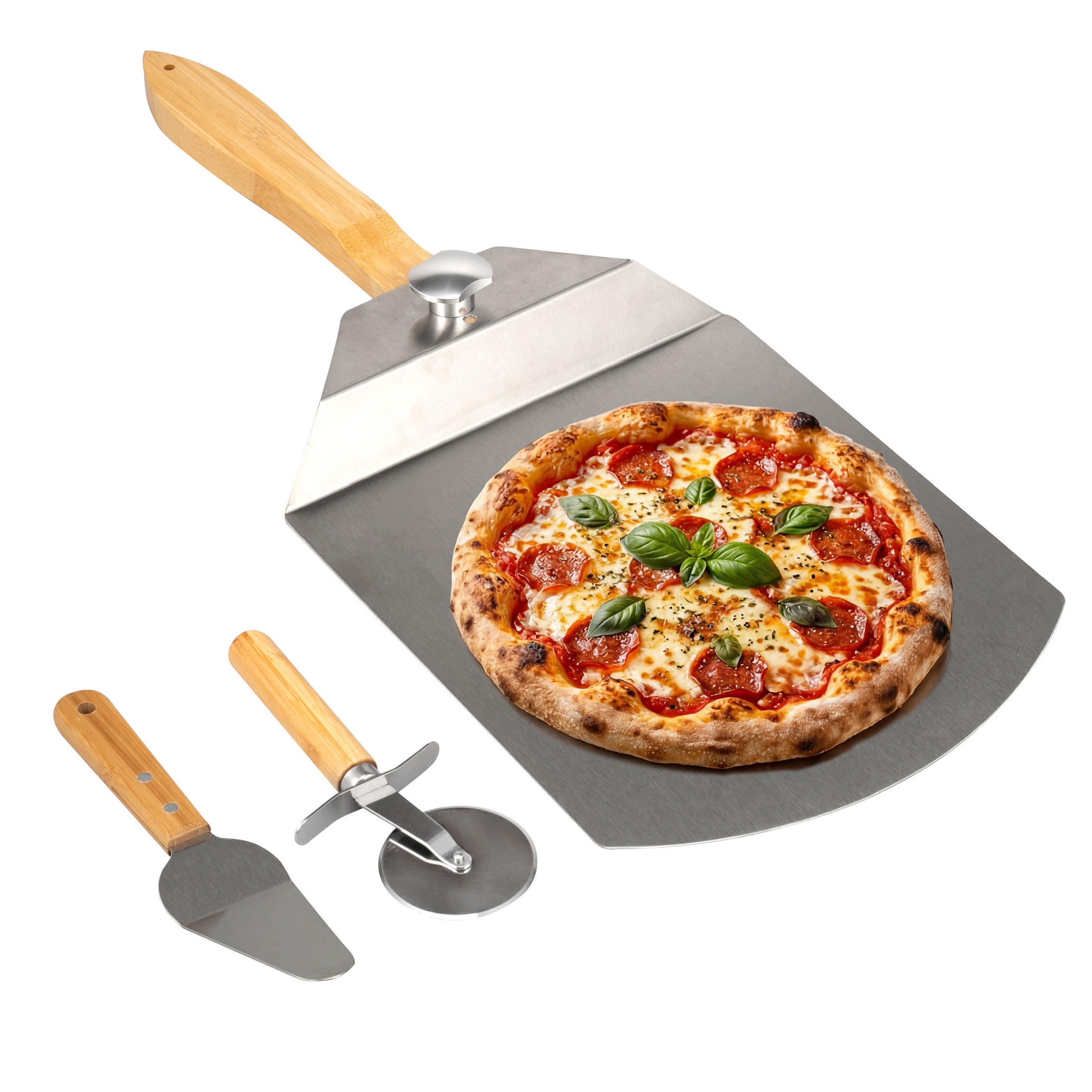 PIZZASCHIEBER 3er Set, aus Edelstahl mit Bambusgriff - Grau, Metall (60.5/1.5/25.5cm) - eluno