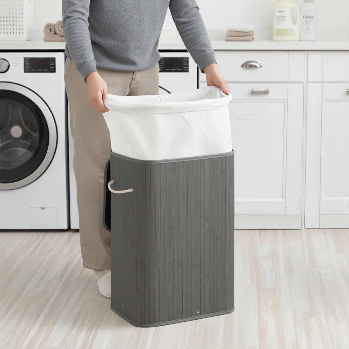 WÄSCHEKORB - Grau, Holz/Textil (40/60/30cm) - Relaxdays
