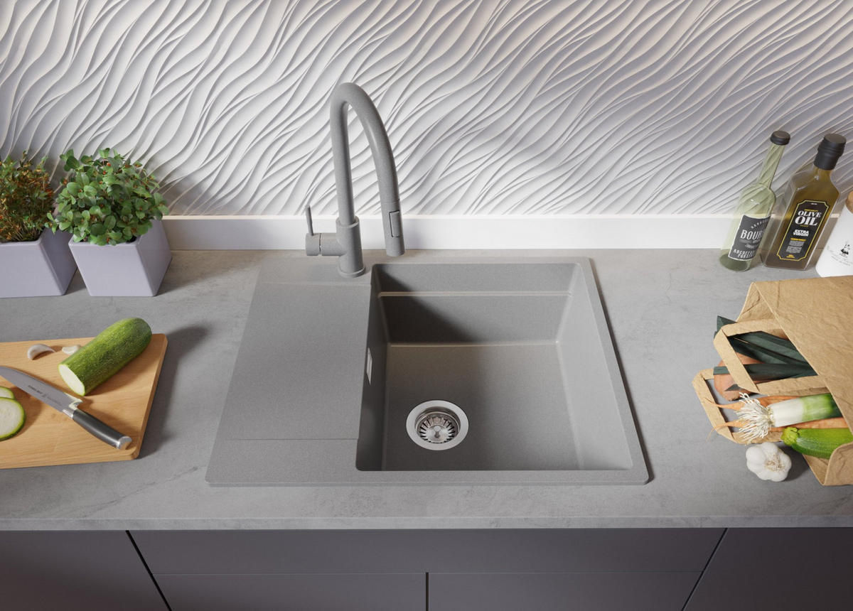 GRANITSPÜLE San Francisco, 2-er set Grau 62/50 cm 1 Becken + Küchenarmatur 32/20 cm + Ablauf-Set + Aufrollbare Abtropffläche ab 50er Unterschrank - Chromfarben/Grau, Kunststoff (62/20/50cm) - Primagran