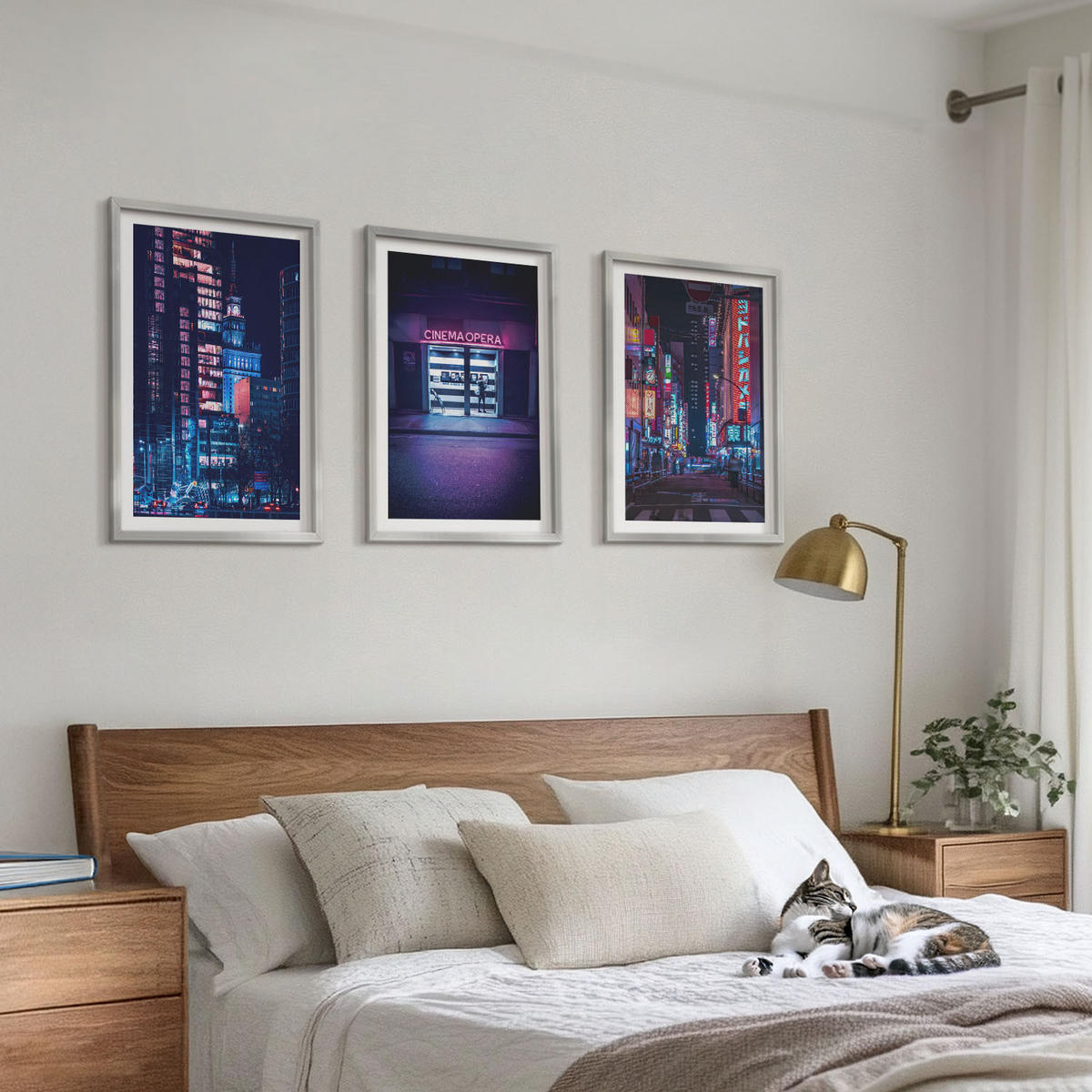 BILDER SET 3er Set - 40x60 cm Silberner Rahmen - Neon-Eingang zur nächtlichen Stadt - Silberfarben, Kunststoff (40/60cm) - TULUP