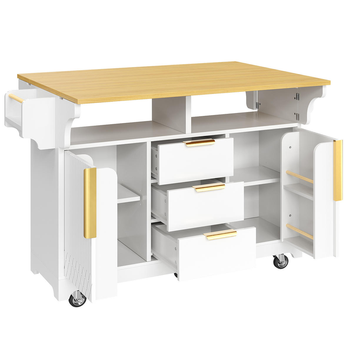 KÜCHENINSEL DE-38364 120/197 cm ausklappbar mit 3 Schubladen Weiß - Weiß, Holzwerkstoff (120/95/40cm) - ComfortXL