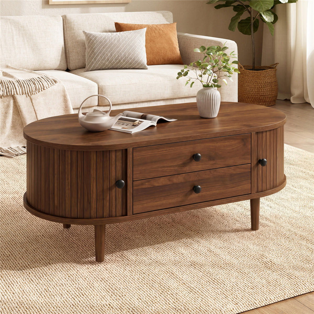 COUCHTISCH Oval Walnuss Schiebetür Stauraum - Walnussfarben, Holz (50/100/40cm) - Kaket