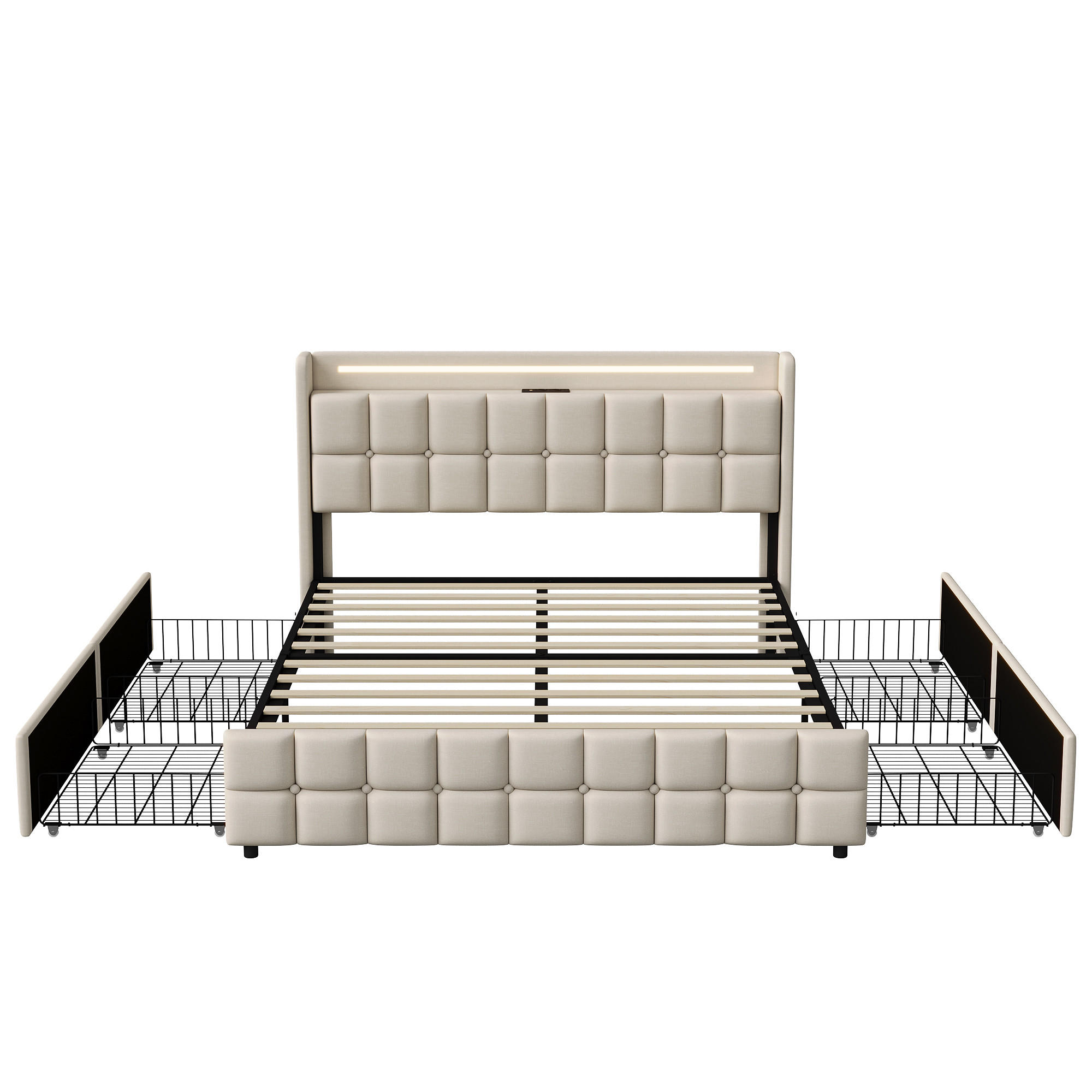 POLSTERBETT 180x200 cm, in Beige Leinenstoff, Doppelbett, Gepolstertes Kopfteil, 4 Stauraumschubladen, LED Beleuchtung, USB-Ladestation - Beige, Metall (180/200cm) - BPKADHY