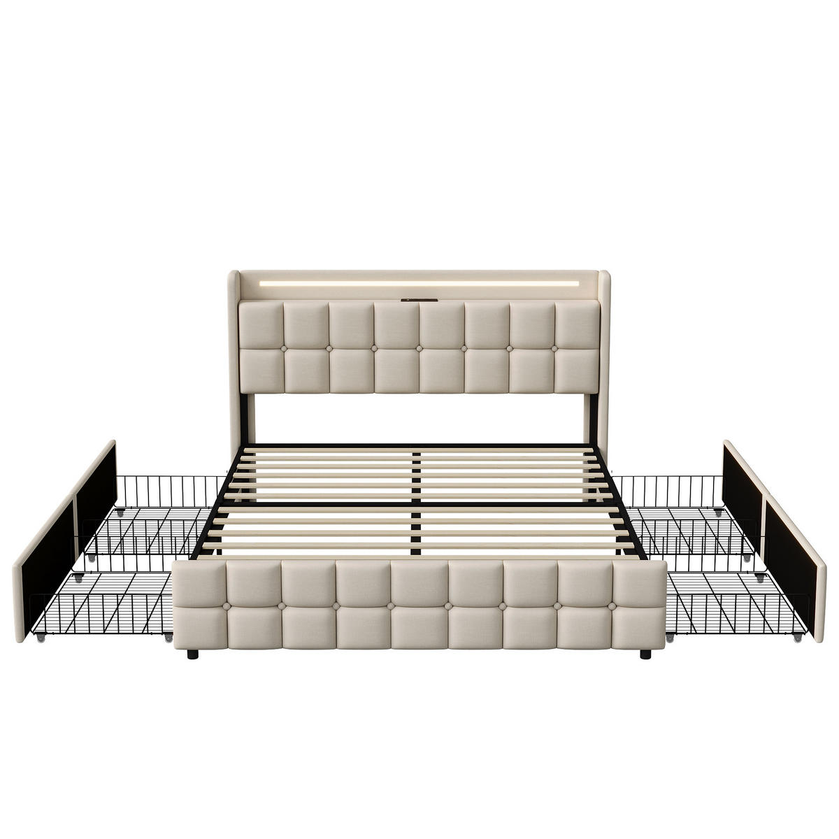 POLSTERBETT 180x200 cm LED Kopfteil 4 Schubladen USB beige - Beige, Holz (180/200cm) - LEBENLANG