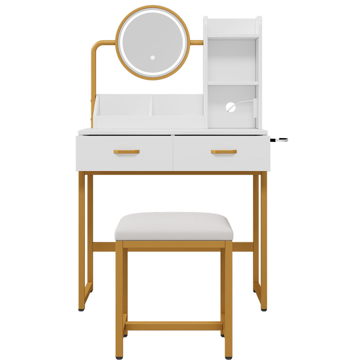 SCHMINKTISCH mit LED-Spiegel, Steckdose, Föhnhalterung und gepolstertem Hocker; weiß; 80 × 138,5 × 40 cm - Weiß, Holzwerkstoff (40/138.5/80cm) - Vallsero