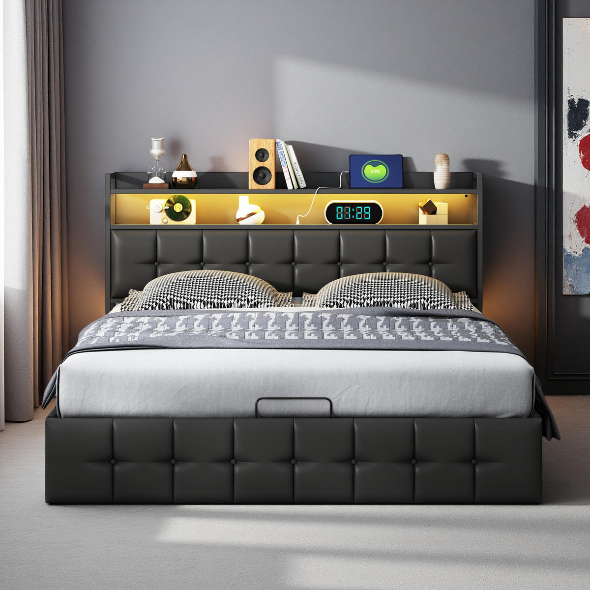 POLSTERBETT 160x200 cm LED Kopfteil Lattenrost PU Leder schwarz - Schwarz, Holz (160/200cm) - Fortuna Lai