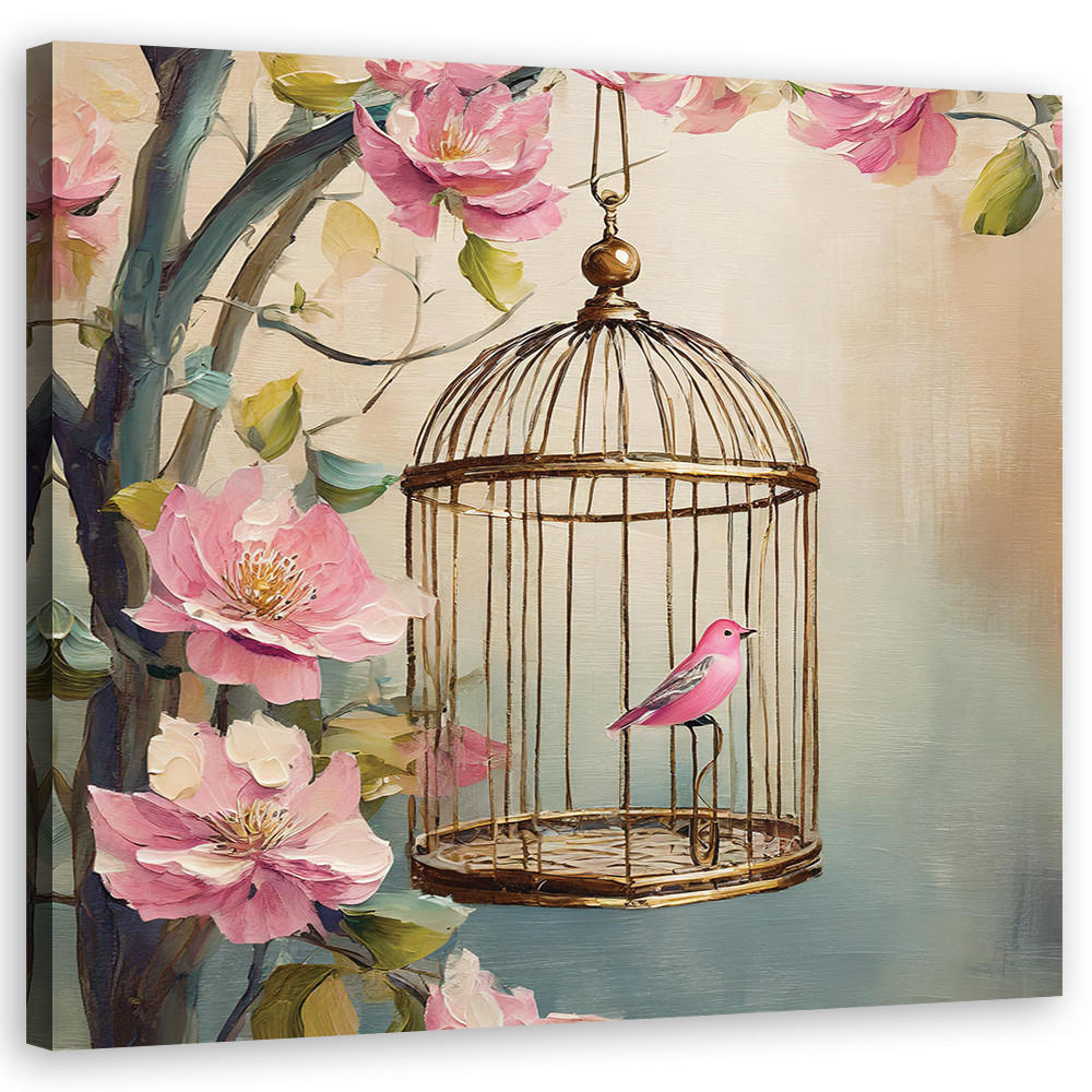 WANDBILD vogel shabby chic blumen - Pink, Textil (50/50cm) - Feeby