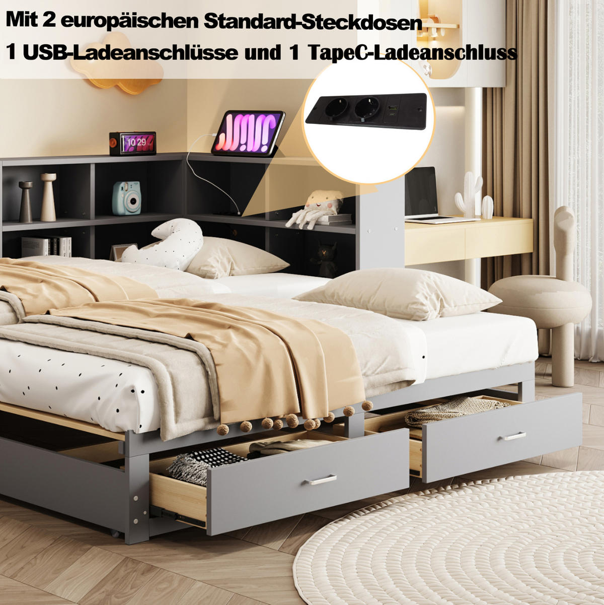 BETT 90/180/190 cm grau aus Holz mit Stauraum - Grau, Holzwerkstoff (90/190cm) - OKMYHOME