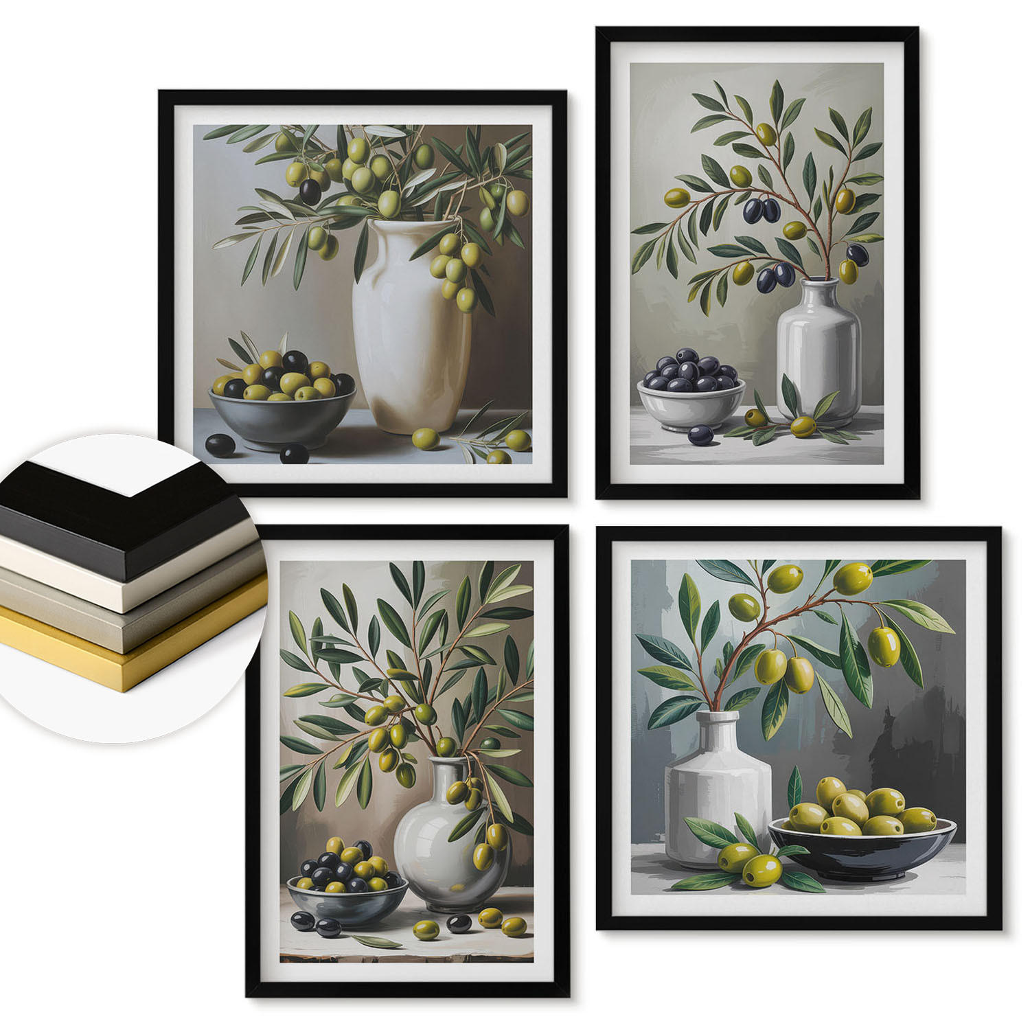 WANDBILDER 4er-Set - 50x50 cm & 40x60 cm Schwarzer Rahmen - Oliven in Keramikgrau - Schwarz, Kunststoff (50/50cm) - ArtPrintCave