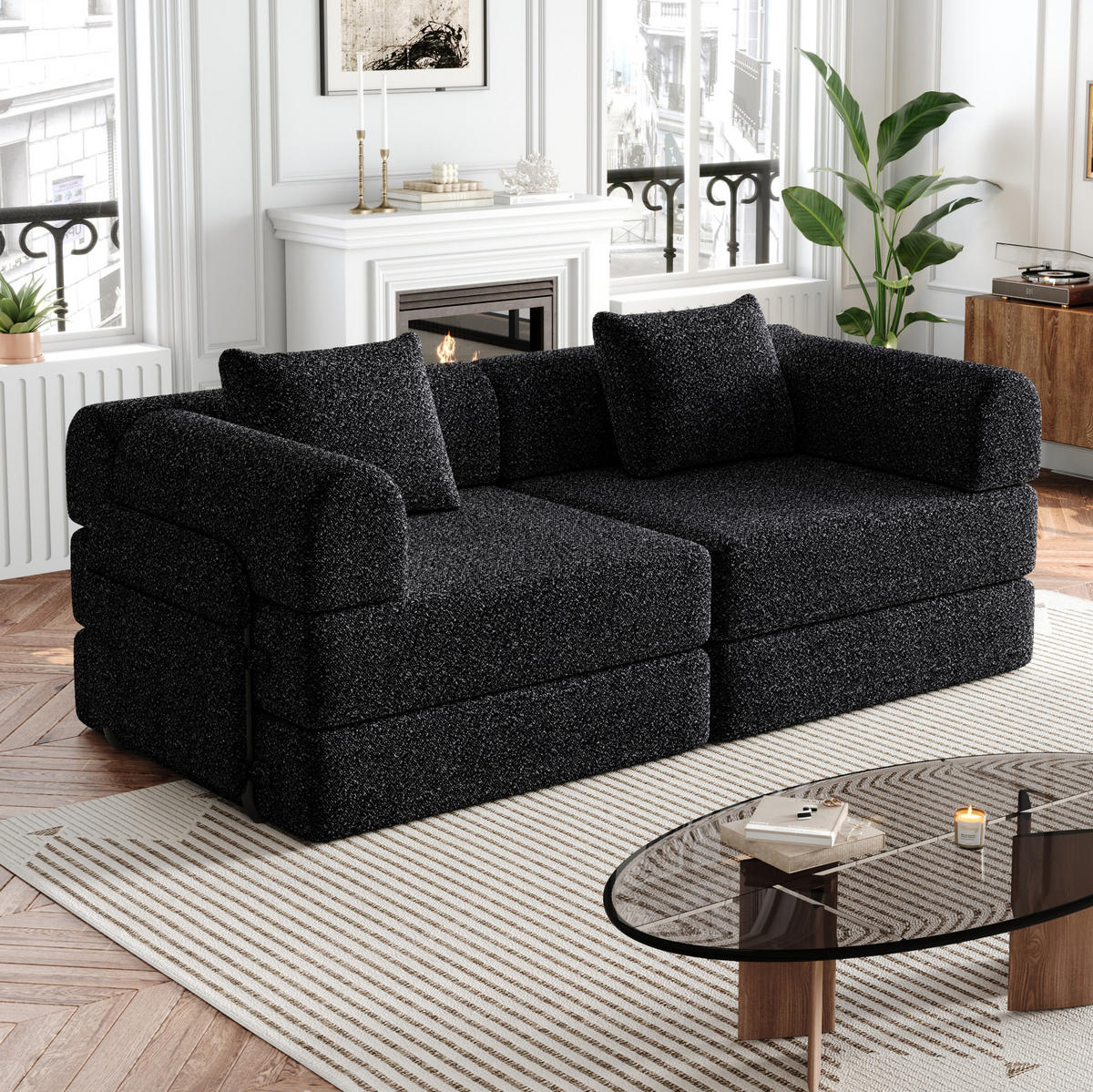 SCHLAFSOFA 2-in-1 mit Armlehnen-Ablagefach Chenille Schwarz - Schwarz, Textil (91.4/69.8/183.8cm) - OKWISH