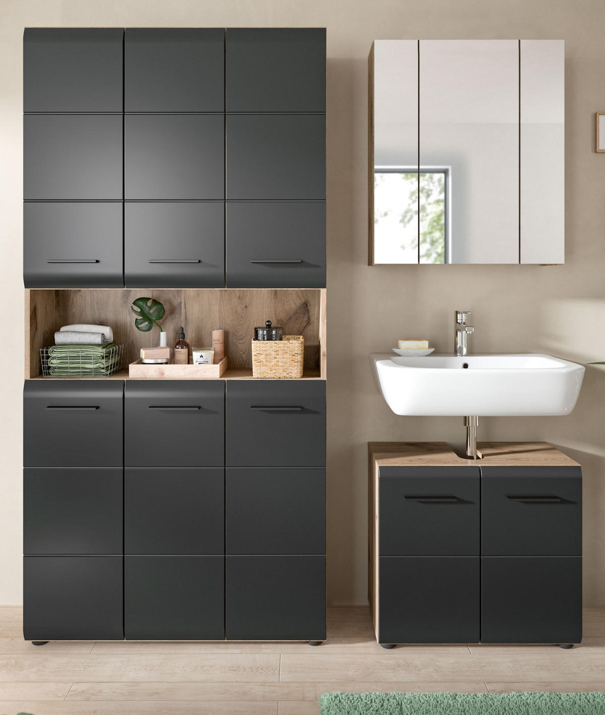 BADMÖBEL-SET schwarz matt, Nox Eiche 3-teilig, Komplettset mit viel Stauraum - Eichefarben/Schwarz, Glas/Holzwerkstoff (165/185/30cm) - Inn.Furn