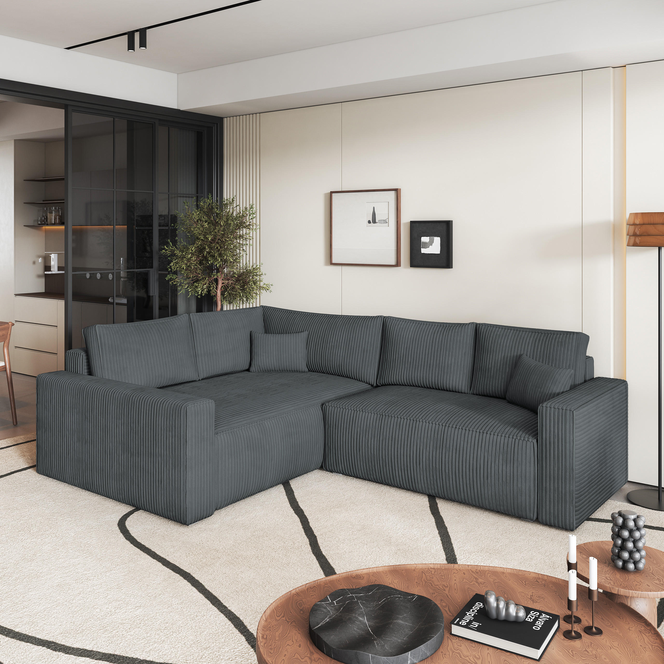 ECKSOFA ERONIS L-S Grau Kordstoff mit Schlaffunktion - Grau, Holz (265/194cm) - MASSENO