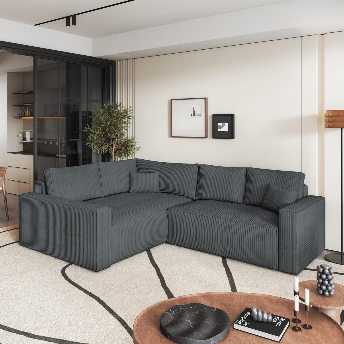 ECKSOFA ERONIS L-S Grau Kordstoff mit Schlaffunktion - Grau, Holz (265/194cm) - MASSENO