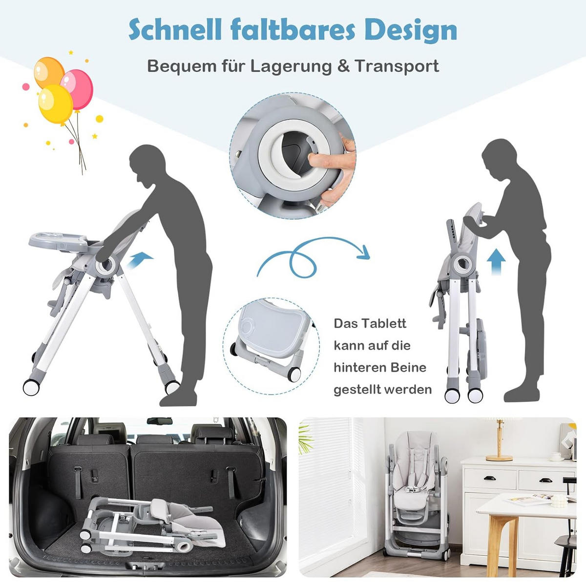 KINDERHOCHSTUHL Grau - Grau, Kunststoff (56/104/84cm) - COSTWAY