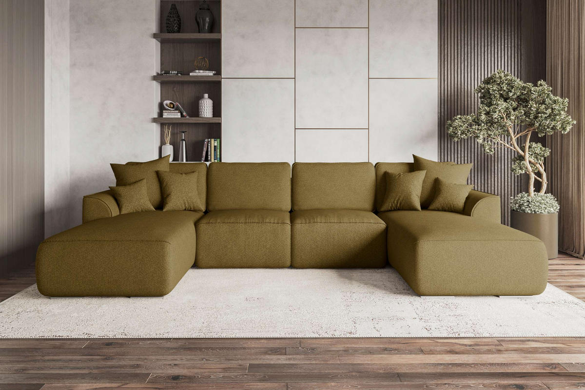 WOHNLANDSCHAFT Gusto Strukturstoff Olivgrün inkl. Schlaffunktion - Chromfarben/Olivgrün, Kunststoff/Textil (306/96/194cm) - 99rooms