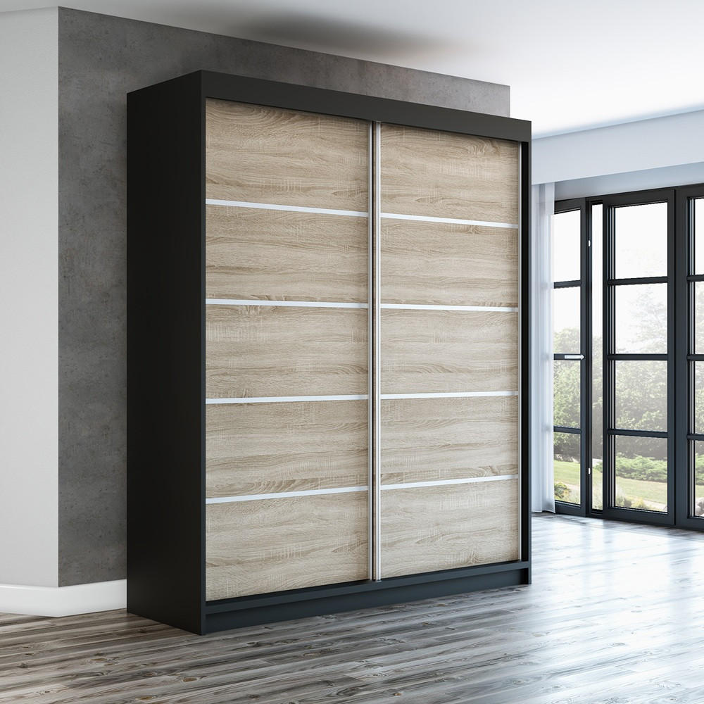 SCHWEBETÜRENSCHRANK 180 CM TREND Farbe: Schwarz , sonoma, sonoma - Schwarz/Braun, Holzwerkstoff (180/215/59.5cm) - A&J MöbelLand