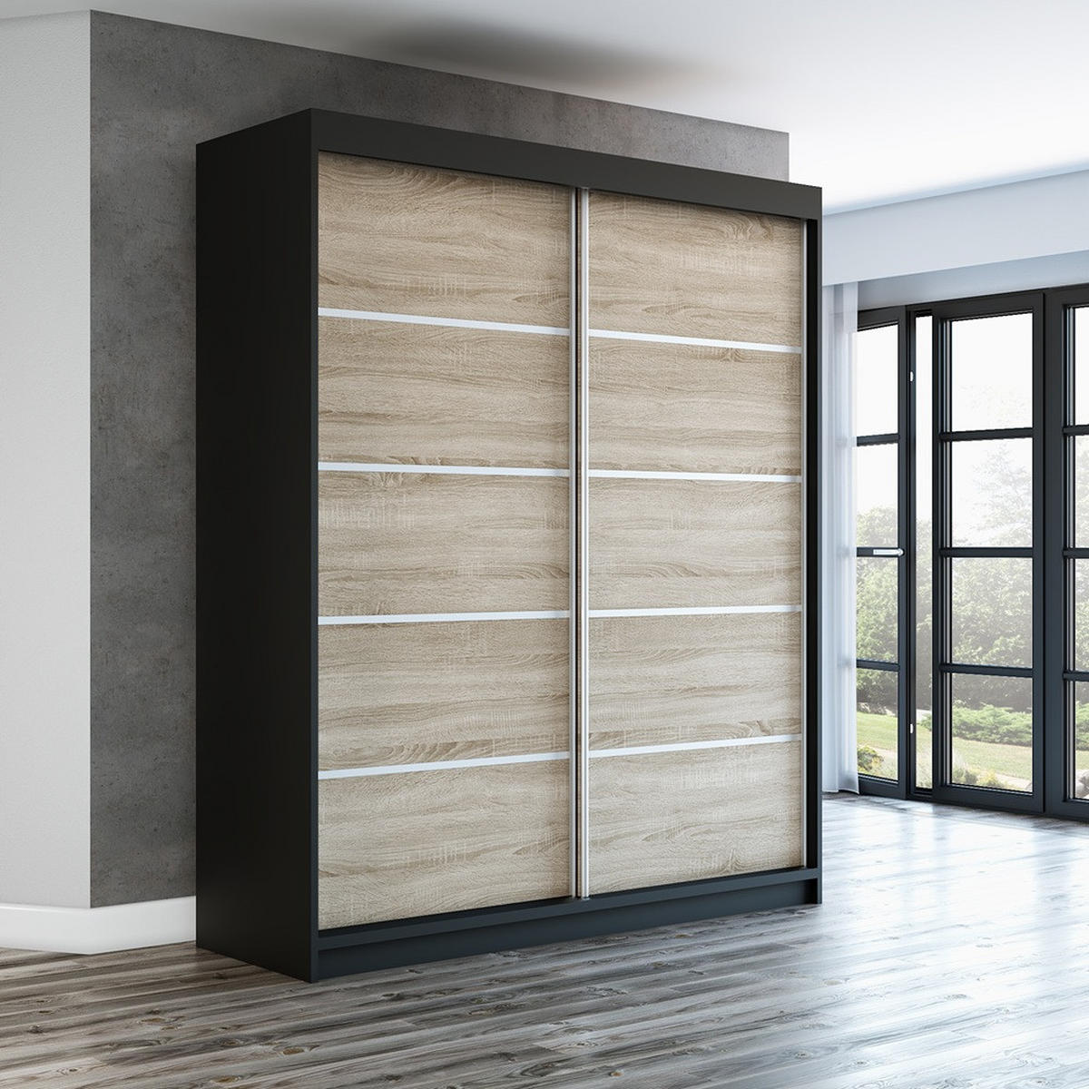 SCHWEBETÜRENSCHRANK 180 CM TREND Farbe: Schwarz , sonoma, sonoma - Schwarz/Braun, Holzwerkstoff (180/215/59.5cm) - A&J MöbelLand