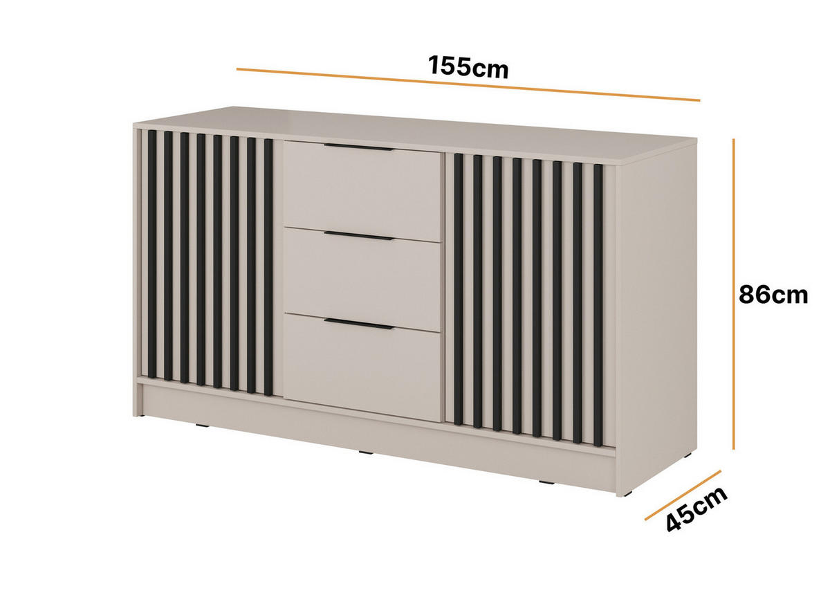 KOMMODE Stilo 155 cm in Kaschmir + schwarze Lamellen - Kaschmir/Schwarz, Holzwerkstoff/Kunststoff (155/86/45cm) - Ravio