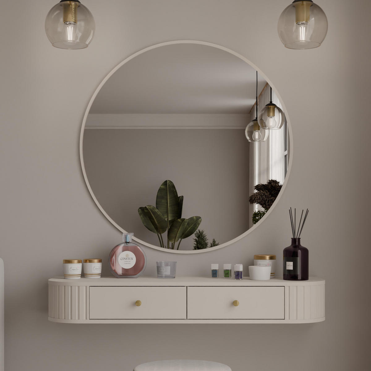 KONSOLENTISCH Halay Beige 2 Schubladen mit runden Kanten + Rund Spiegel 100 cm - Beige/Goldfarben, Holzwerkstoff/Metall (35.9/123/17.5cm) - AX Living