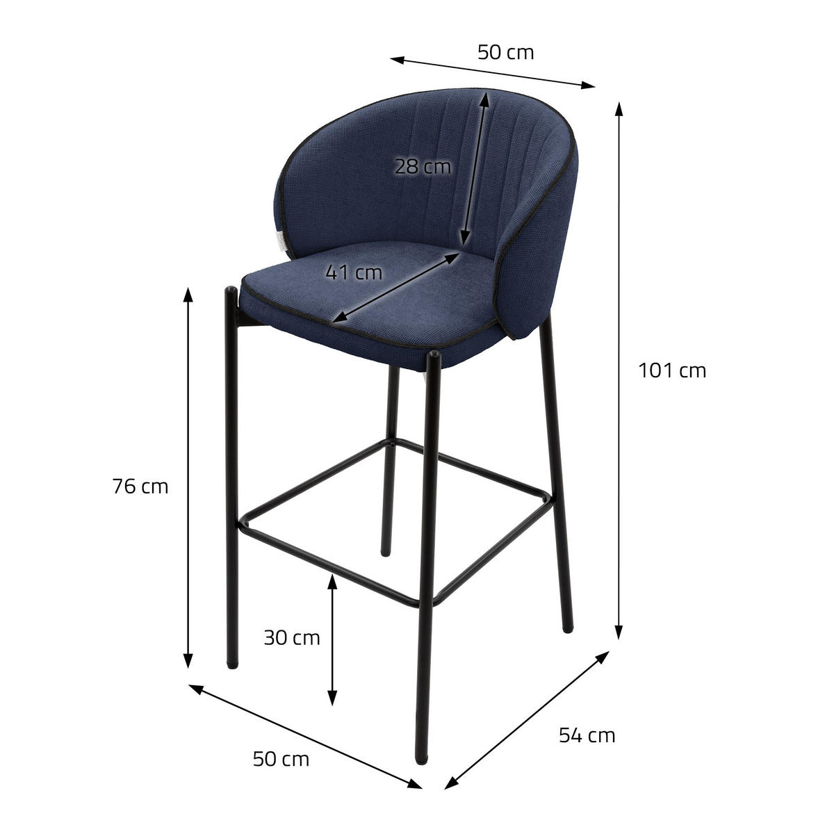 BARHOCKER 4er Set Dunkelblau mit Stoffbezug - Schwarz/Dunkelblau, Textil/Metall (50/101/54cm) - ML-DESIGN