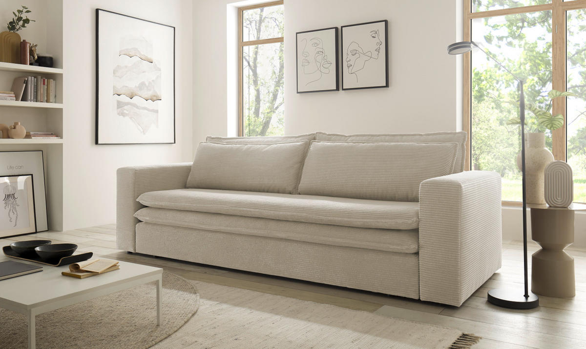 SCHLAFSOFA beige Cord, Sofa 3-Sitzer mit Bettfunktion 244 cm - Beige, Holz/Textil (244/83/91cm) - Furn.Design