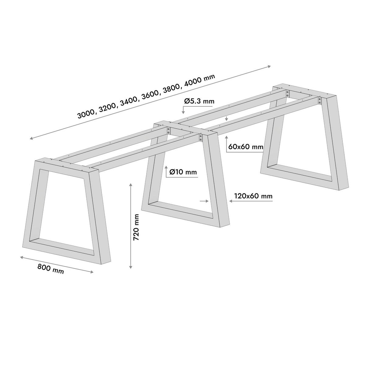 TISCHBEINE Nemesis Extreme Long Metall Schwarz 340/80/72 cm - Schwarz, Metall (80/72/340cm) - Metalo Pro
