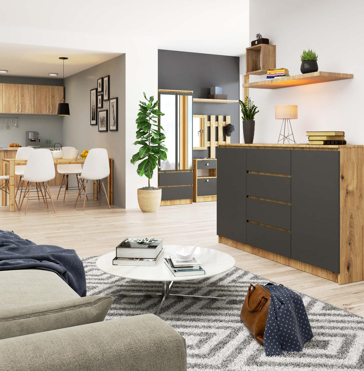 KOMMODE Eiche Artisan, Graphit Grau 99/160/40 - Eiche Artisan, Holzwerkstoff (160/99/40cm) - RAUMHIRSCH FURNITURE