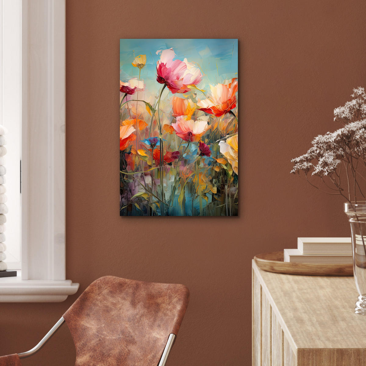 METALLBILD Blumen - Aquarell - Kunst - Botanisch - Natur 40x60 cm - Orange, Metall (40/60cm) - MuchoWow