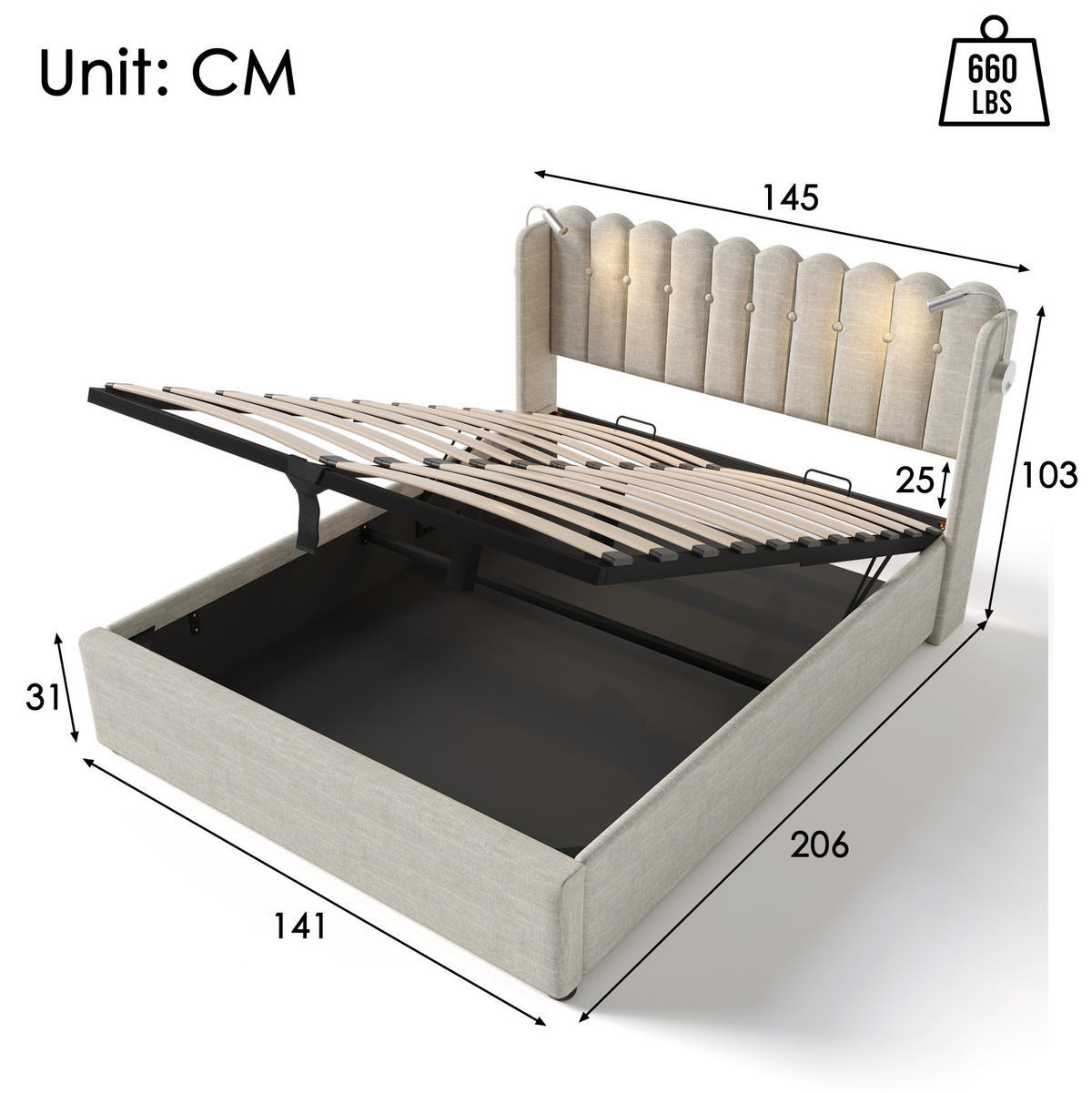 POLSTERBETT aus Leinen 160x200 cm Beige mit Bettkasten, Leselicht, USB-Anschluss und Matratze - Beige, Textil (160/200cm) - IVMEU