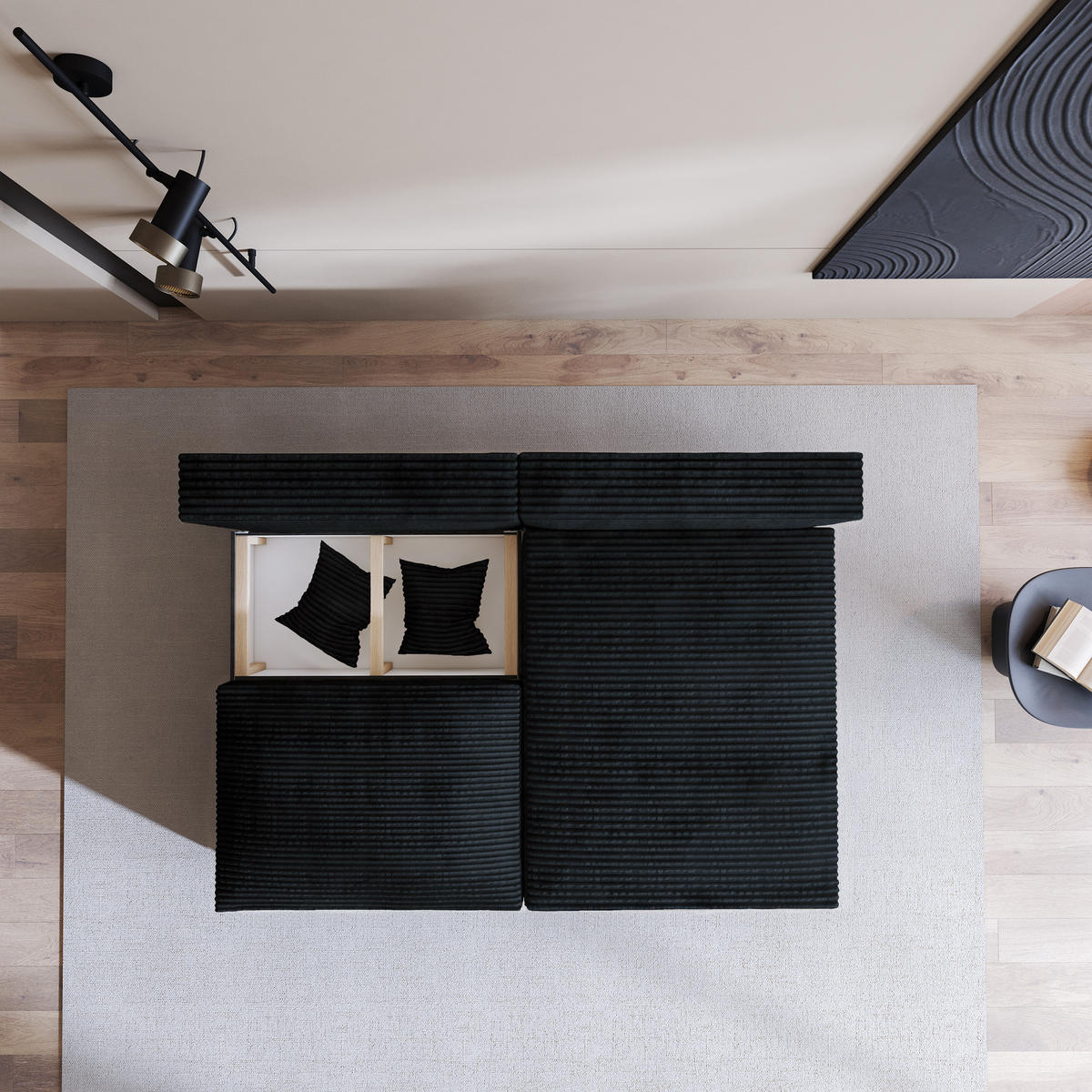 ECKSOFA FIORO Schwarz Kordstoff mit Schlaffunktion - Schwarz, Holz (204/148cm) - MASSENO