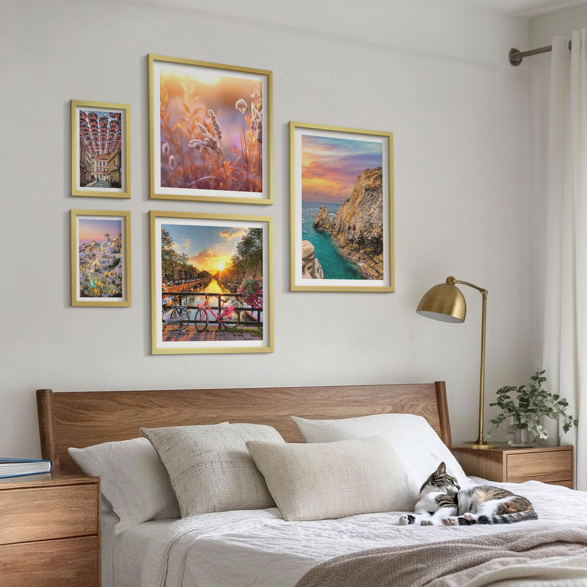 WANDBILDER 5er Set - 50x50 cm & 20x30 cm & 40x60 cm Goldrahmen - Sonnenuntergänge am Meer - Goldfarben, Kunststoff (40/60cm) - ArtPrintCave