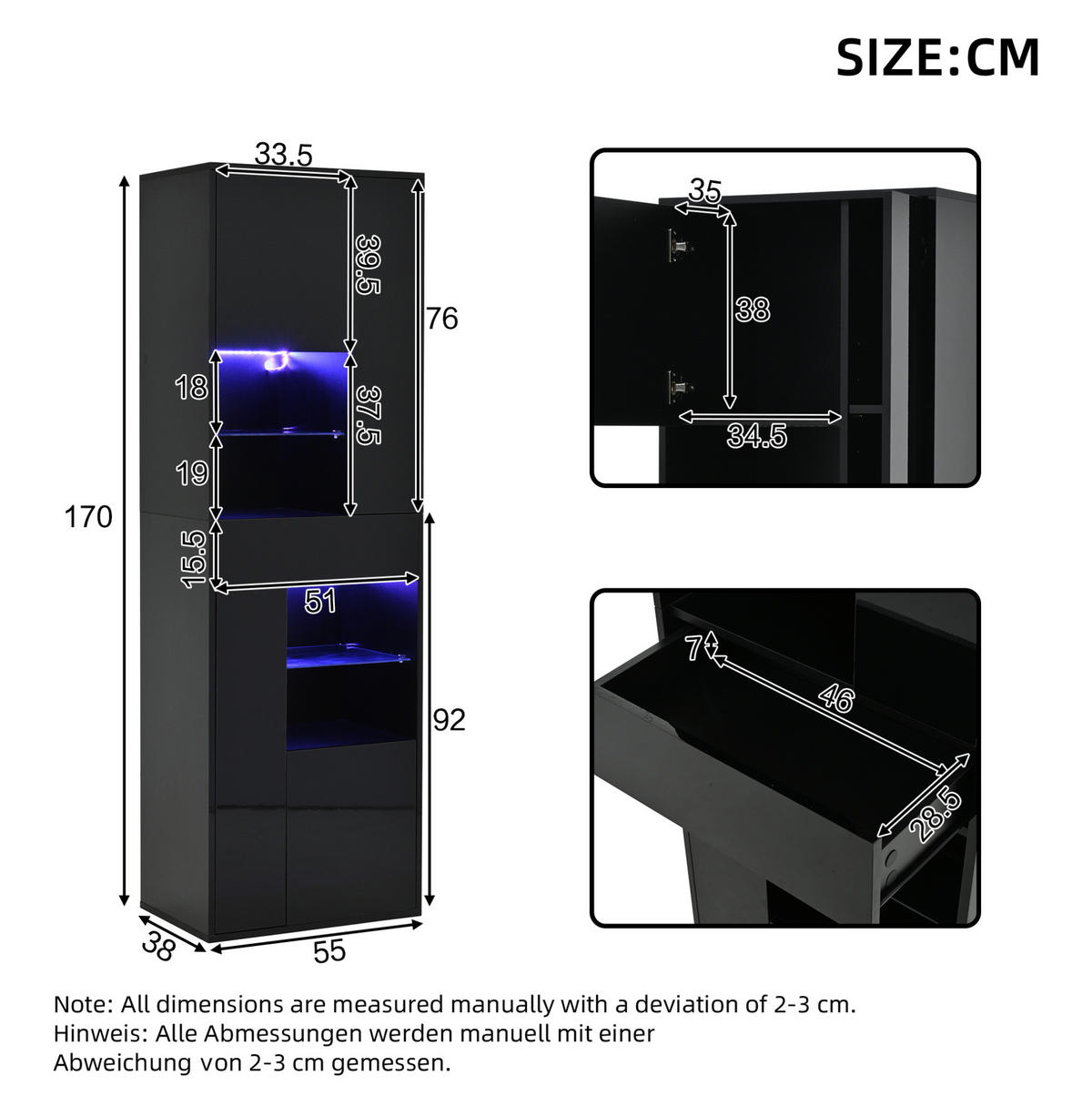 VITRINE aus Spanplatte 55x38x170 cm Schwarz mit LED-Beleuchtung, Hochglanzfront und verstellbaren Einlegeböden - Schwarz, Holzwerkstoff (55/170/38cm) - Modfu