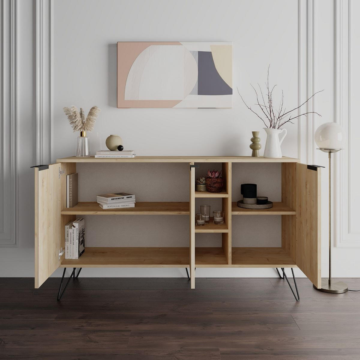 BUFFET 3 Nischen und 3 Türen L142 cm - Clara - Eichefarben, Holzwerkstoff (35.6/83/142cm) - Calicosy