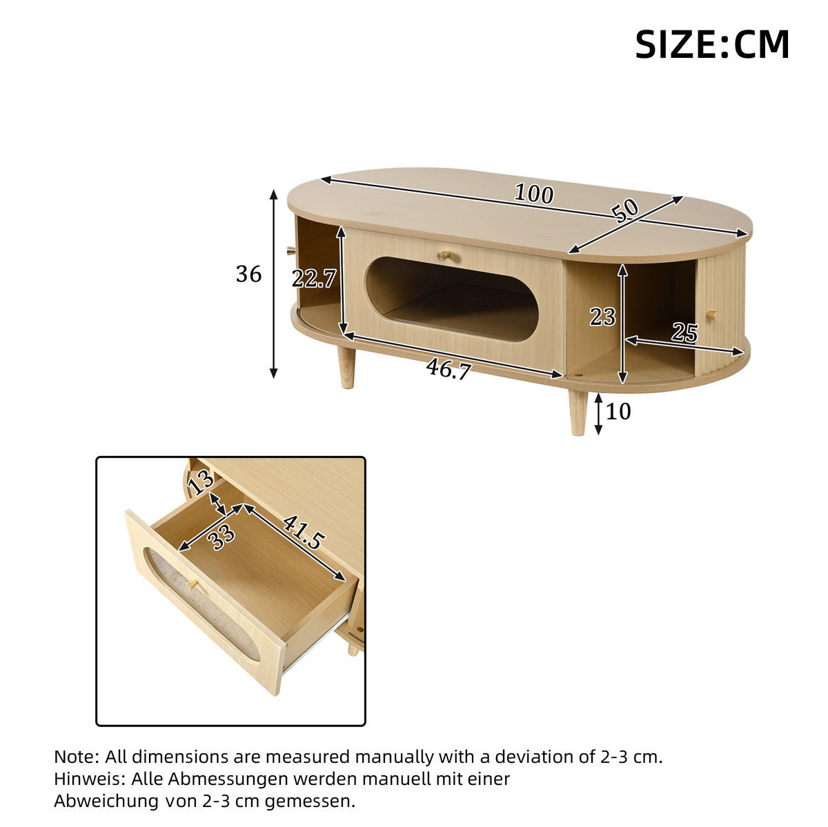 COUCHTISCH 100/50/36 cm Holzfarbe aus MDF mit Schublade und Rolltür - Eichefarben, Holzwerkstoff (100/50/36cm) - OKMYHOME