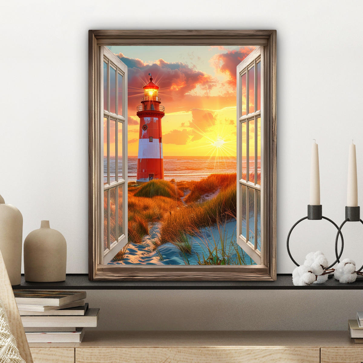 LEINWANDBILD Aussicht - Fenster - Leuchtturm - Sonnenuntergang - Strand 30x40 cm - Dunkelorange, Textil (30/40cm) - MuchoWow
